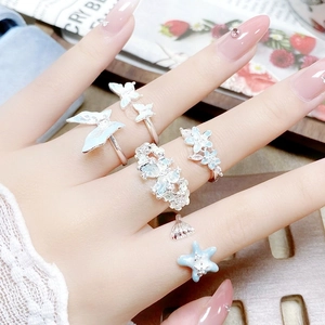Bagues papillon émail bleu et fleurs serties de zircons pour femmes