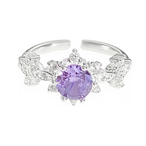 Elegant adjustable silver ring with a round purple gemstone and white zircon accents