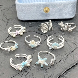 Bague Ouverte Étoile de Mer et Coquillage pour Femme Cuivre Zirconia Émail Bague Réglable Style Océan Bijoux Cadeau