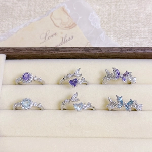 Copper Zircon Flower Butterfly Open Ring For Women Adjustable Purple Blue Gemstone Stacking Finger Ring Sweet Cool Jewelry