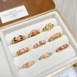 Set of vintage colorful enamel flower and butterfly open rings in gold finish