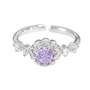 Silver adjustable ring with purple gemstone flower design and small zircon accents