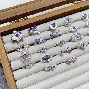 Elegant Purple Zirconia Copper Open Ring For Women Silver Plated Adjustable Floral Butterfly Moon Star Finger Ring Jewelry