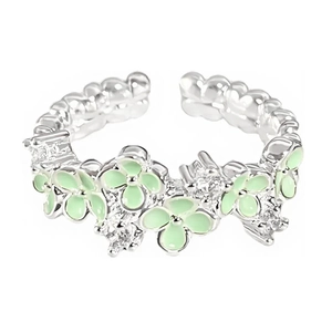 Bague réglable en émail vert menthe avec fleurs, anneau perlé argenté et pierres zircon