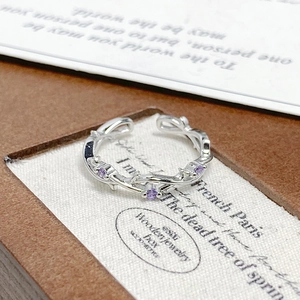 Macro shot of silver thorn ring featuring a purple zircon stone in a vintage jewelry box