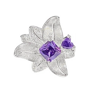 Sparkling purple zircon flower open ring with silver finish and micro-pave crystals