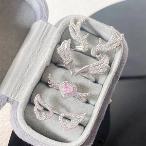 Mode Kupfer Zirkon Engelsflügel Hirschgeweih Rosa Herz Offener Verstellbarer Ring Für Damen Eleganter Schmuck Fingerring Geschenk