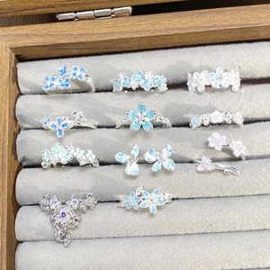 Dainty Enamel Flower Open Adjustable Ring For Women Sweet Copper Zirconia Inlaid Floral Butterfly Finger Ring Jewelry