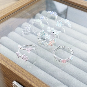 Exquisite enamel cherry blossom open rings in pink and blue gradient set in wood box