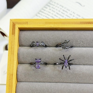 Gothic Halloween ring set featuring black bat, spider, cat and devil tail with purple zircon