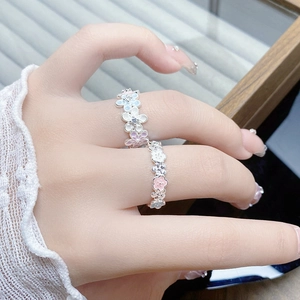 Elegant floral enamel adjustable open ring in soft pastel pink and light blue shades
