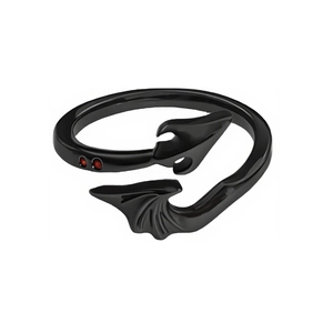 Gothic black dragon wing open ring with red accents in a dark punk aesthetic style