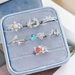 Luxury 7-piece silver color ring set with colorful zircon stones in velvet box