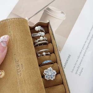 Vintage Copper Flower Blue Zirconia Open Adjustable Ring For Women Elegant Zircon Inlaid Artificial Pearl Decorative Fashion Jewelry Finger Ring