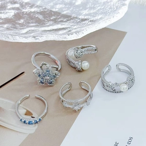 Luxury flower zircon and pearl open rings set with blue gemstone in silver finish