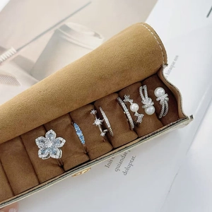 Luxurious flower and sea blue zircon open rings set in a premium brown velvet display box