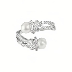 Elegant adjustable silver ring with sparkling micro-pave crystals and white round pearls