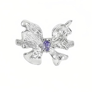 Elegant butterfly open ring in silver finish with purple marquise zircon stone centerpiece