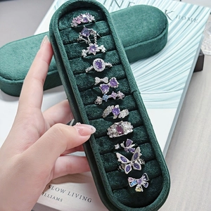 Vintage Silver Plated Copper Open Ring For Women Sweet Cool Purple Zirconia Butterfly Heart Geometric Adjustable Finger Ring