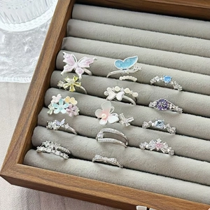 Vintage Butterfly Flower Enamel Open Ring For Women Shiny Zirconia Copper Adjustable Finger Ring Aesthetic Niche Jewelry Gift