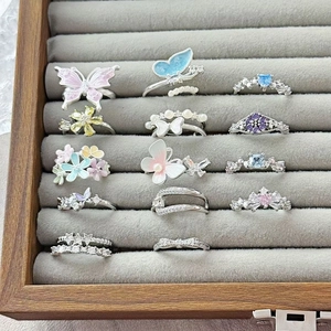 Exquisite 15-piece silver enamel butterfly and flower zircon open ring set for women