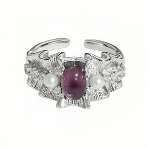 Retro silver open ring featuring a central purple crystal and pearl accents