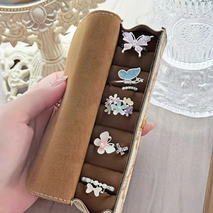 Exquisite butterfly and floral enamel open rings with zircon stones and a jewelry roll organizer