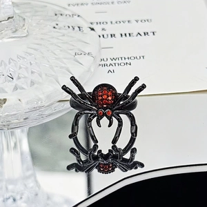 Macro shot of gothic spider ring featuring red crystal accents and black metal finish