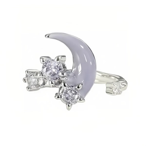 Anello regolabile argento con luna in smalto viola e ciondoli a stella brillanti