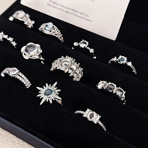 Set of vintage French moonstone and zircon open rings with silver retro design
