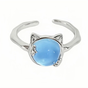 Chic cat shaped silver ring with large blue zircon center and diamond ear details