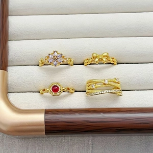 Vintage Kupfer Zirkon Fingerring Set Für Damen Vergoldet Lila Blume Schleife Mehrlagiger Offener Verstellbarer Ring Schmuck