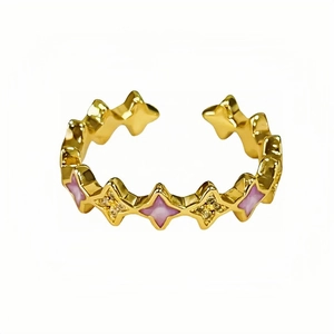Verstellbarer Goldring im Vintage-Stil mit lavendelfarbenem Emaille und Zirkon-Sternen