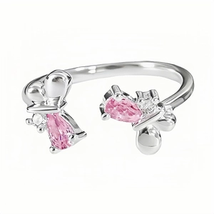 Elegant adjustable ring with pink zircon butterfly motif on polished silver band