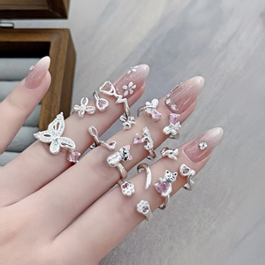 Pink Zirconia Butterfly Heart Cat Open Adjustable Ring For Women Sweet Cool Copper Jewelry Silver Plated Finger Ring