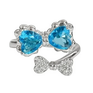 Elegant bow-knot open ring with light blue gemstones and white micro-pave zircons