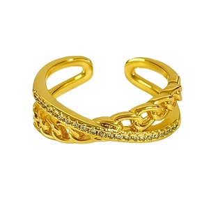 Bague ouverte vintage dorée style chaîne cubaine avec zircons étincelants