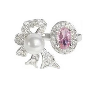 Adjustable bow ring with pink gemstone and white pearl in sparkling silver finish
