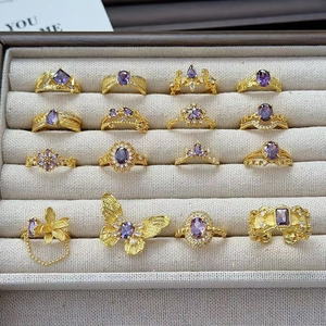 Vintage Lila Zirkonia Vergoldet Kupfer Offener Ring Für Damen Eleganter Luxus Retro Verstellbarer Fingerring Schmuck