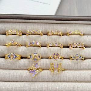 Vintage Paars Emaille Koperen Open Ring Voor Vrouwen Elegante Vlinder Bloem Zirkoon Verstelbare Mode Vingerring Sieraden