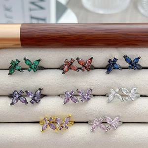 Women's Colorful Butterfly Zircon Open Ring Copper Gold Silver Plated Marquise Cut Crystal Adjustable Finger Ring Jewelry