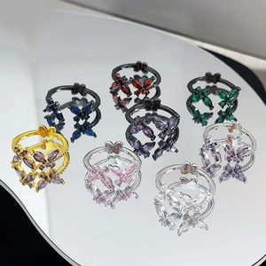 Chic butterfly open rings with colorful zircon inlay and multi-color metal finishes