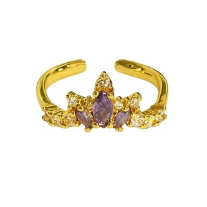 Vintage Goldene Krone Offener Ring mit violetten Marquise-Zirkonia und Kristallen