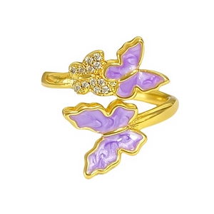 Vintage vergulde verstelbare ring met paarse emaille vlinders en micro-zirkonia steentjes