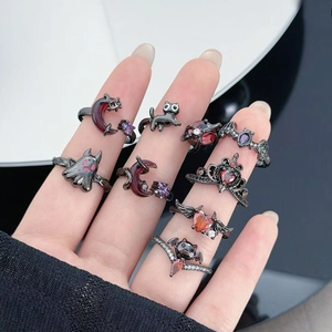 Anello Regolabile Gotico Dark Style Pipistrello Fantasma Gatto Per Donna Rame Placcato Nero Zircone Rosso Viola Gioielli Halloween