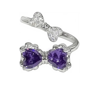 Elegant adjustable silver bow ring with purple heart-shaped zircons and micro-pave stones