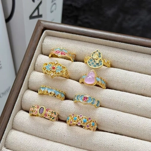 Bague Ouverte Vintage en Émail Forme Calebasse et Fleur pour Femme Plaqué Or Réglable en Cuivre avec Zircon Bijoux Style Cour Ethnique