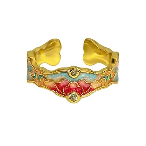Bague vintage en émail dégradé de style palais avec bords ondulés et cristaux