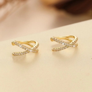 Minimalist gold-plated X-cross ear cuffs with cubic zirconia inlay for women