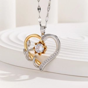 Elegant two-tone heart necklace with sparkling crystal pendant for Valentine's gift